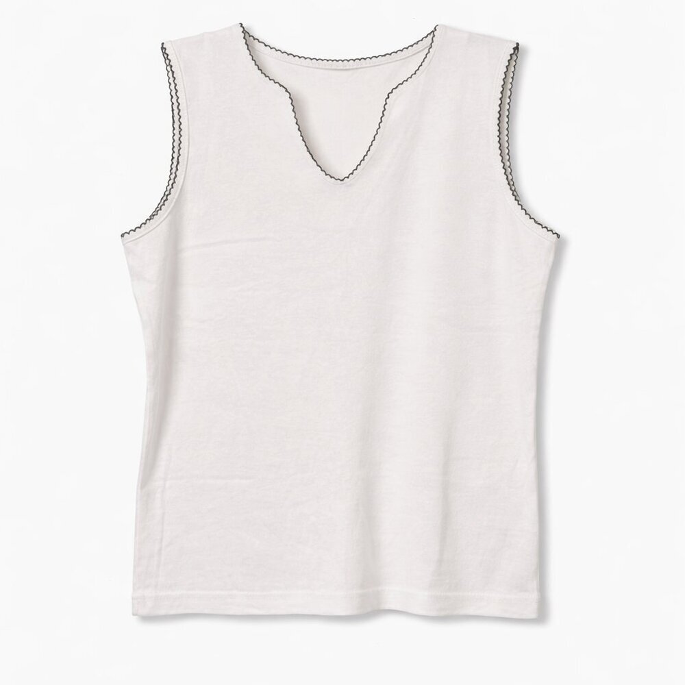 REITMANS White Sleeveless V Neck with Blue Trim - L
